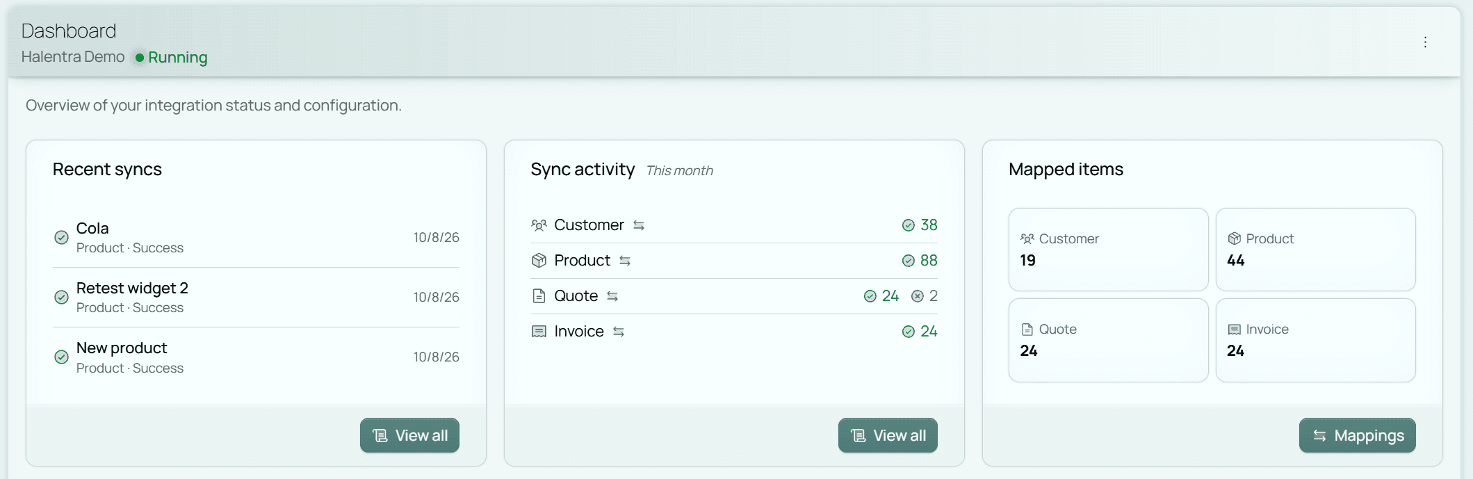 The Pennylane integration dashboard, showing recent syncs, mapped records and this month's sync activity