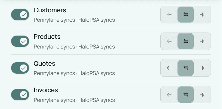 The sync direction settings, with a switch and direction arrows for customers, products, quotes and invoices