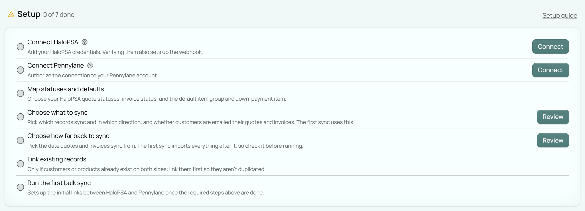 The Setup card on the integration's Settings page, listing the setup steps with the completed ones checked