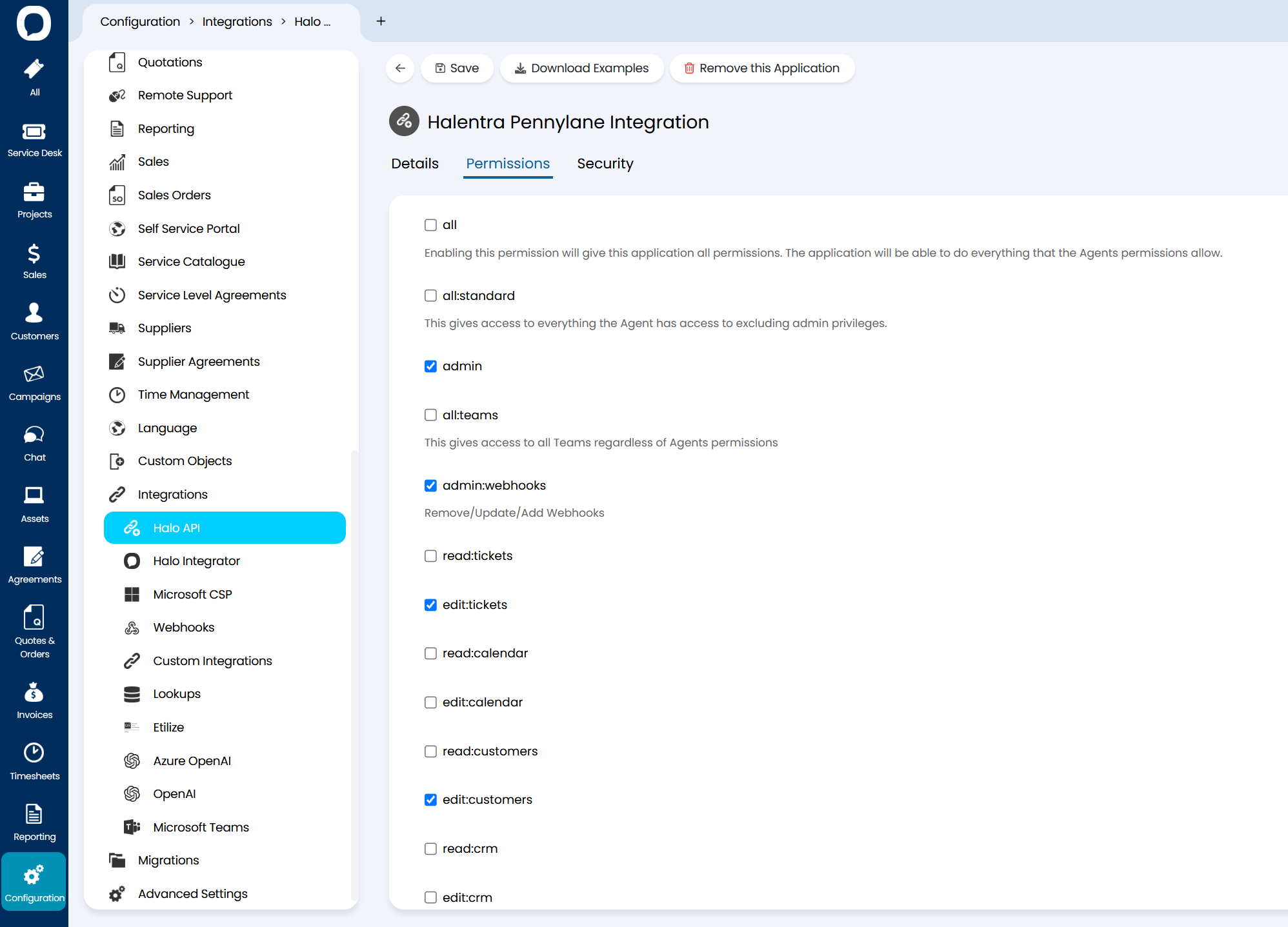 The Permissions tab of a HaloPSA API application, with the permissions the integration needs ticked