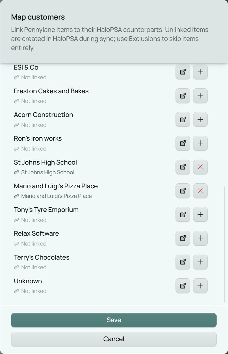 The Existing records sheet, linking Pennylane customers to their HaloPSA clients