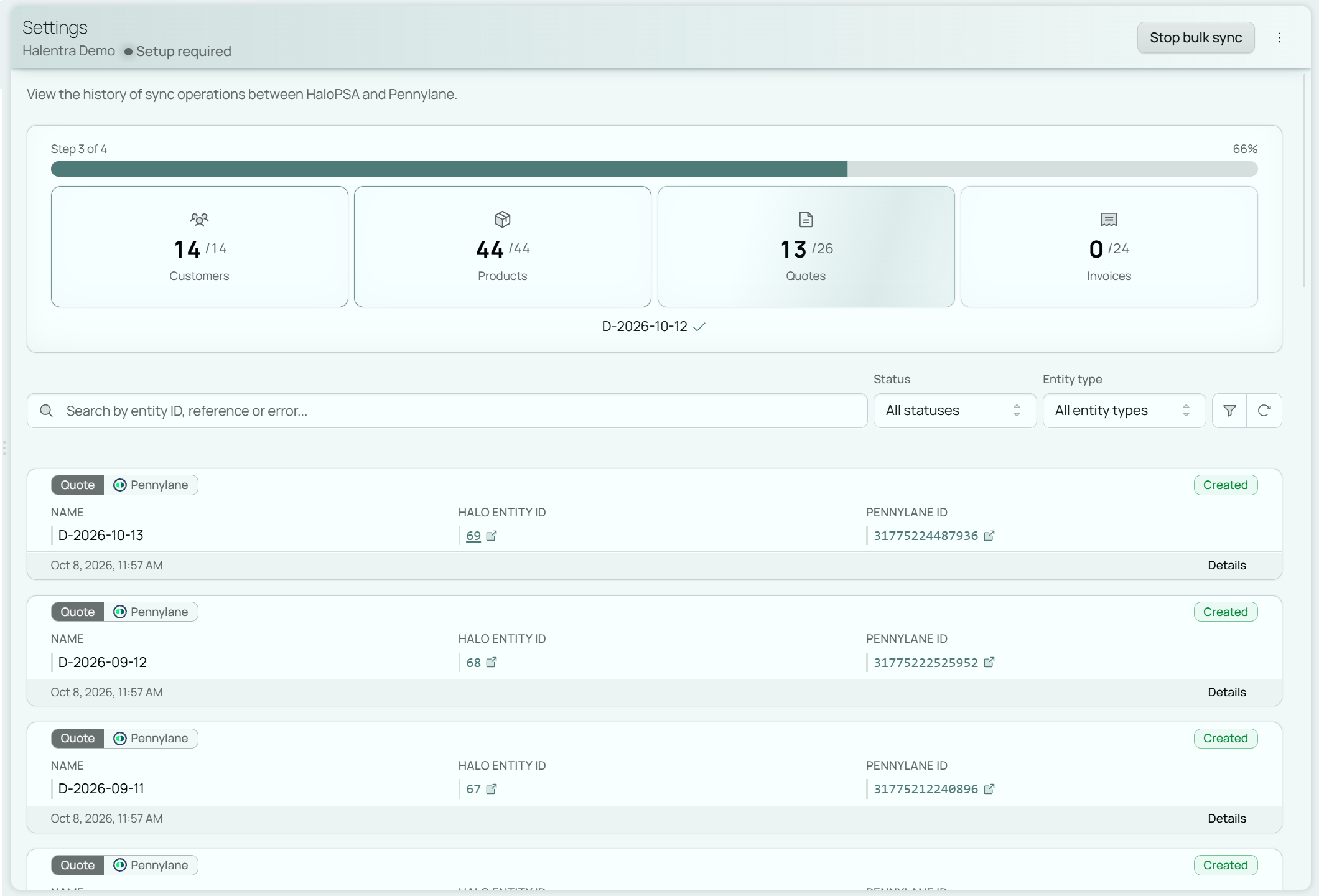 The bulk sync progress card, showing the current step and how many records of each type have been synced