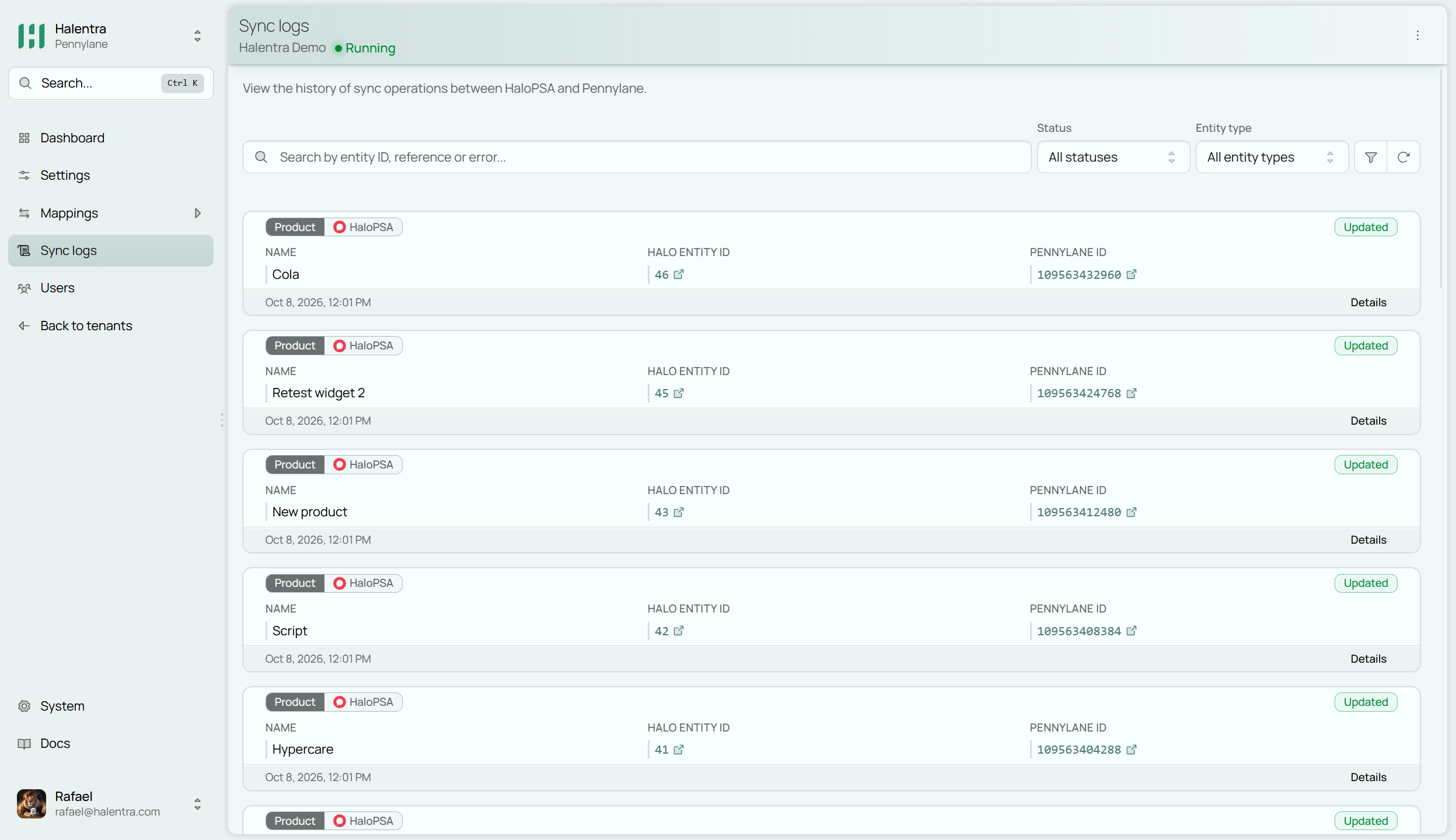 The sync logs, listing each synced record with its status, direction and IDs in HaloPSA and Pennylane