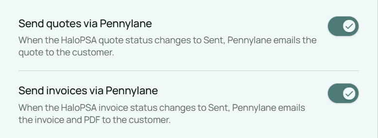 The Send quotes via Pennylane and Send invoices via Pennylane switches, both turned on